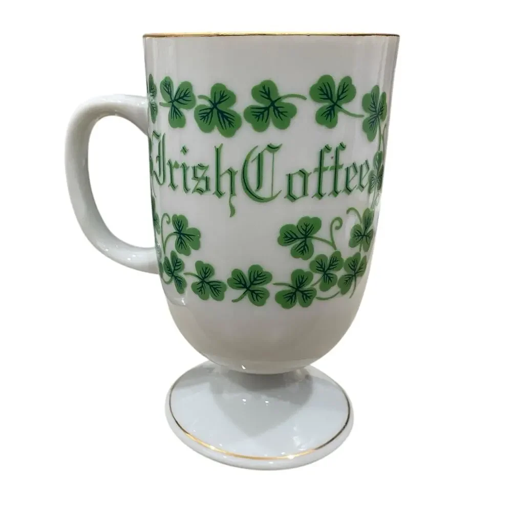Funny 1970s Shamrock Irish Coffee Mug Lucky Clover White Porcelain Cup Gold Trim